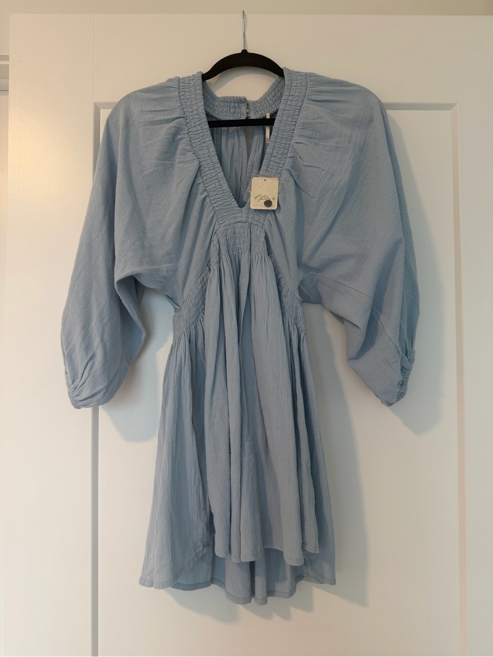 Free People Pale Blue Smocked V-Neck Mini Dress